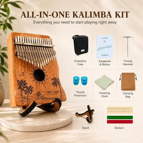 Vista 2 de Orora Kalimba 17 Keys Thumb Piano - Songbook included with 25 Songs - Varnished Wood Musical Instrument - Finger Piano with Protection Case, Stand