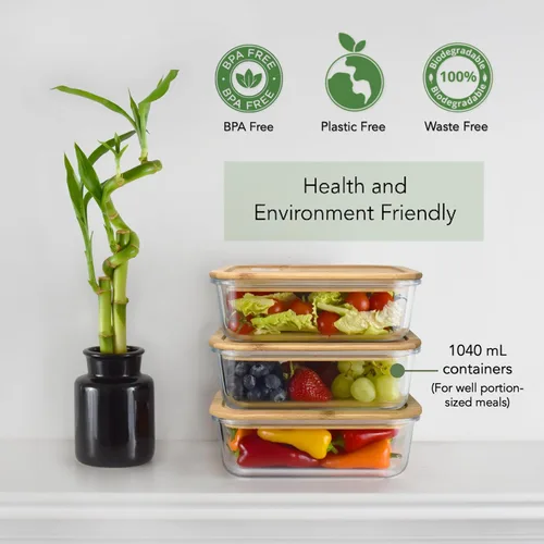 Vista 6 de EcoPreps Recipientes de vidrio para preparar comida con tapas de bambú (paquete de 3) - 100% libres de plástico, contenedores de almuerzo
