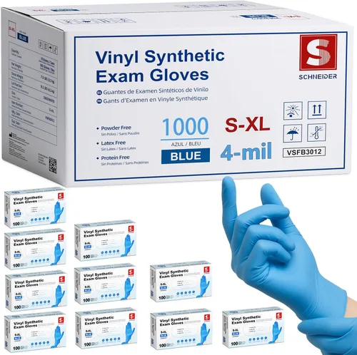 Vista 10 de Schneider Blue Vinyl Synthetic Exam Gloves, Case of 1000, 4-mil, Powder-Free, Latex-Free, Non-Sterile, Disposable Gloves