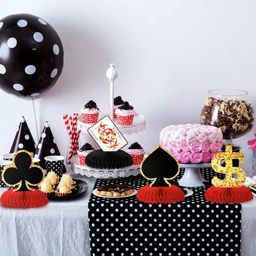 Vista 5 de Juego de 8 piezas de decoración de fiesta temática de cumpleaños de casino, centros de mesa de nido de abeja de póquer, centros de mesa de nido