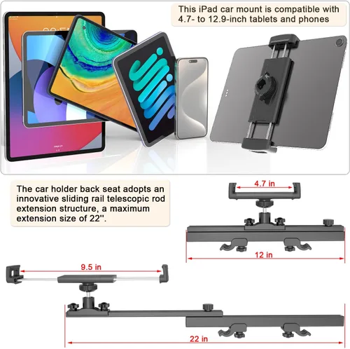 Vista 6 de Soporte universal para tablet para reposacabezas para accesorios de automóvil, hecho de aluminio de grado aeronáutico, soporte universal para tablet