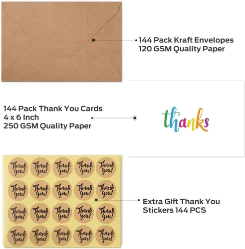 Vista 3 de Ohuhu 144 tarjetas de agradecimiento a granel con sobres, juego de notas de agradecimiento con elegantes 8 diseños de arcoíris coloridos, tarjeta