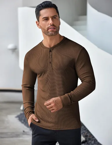 Vista 80 de COOFANDY Camisas Henley de manga larga para hombre, camisetas elásticas acanaladas, camisetas básicas casuales de moda