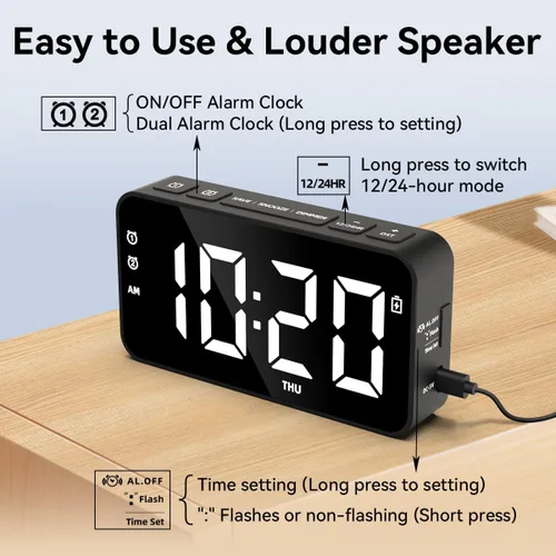 Vista 5 de Reloj despertador digital enchufable con batería de reserva recargable para dormitorios, sala de estar, estudio, reloj de noche ruidoso con función