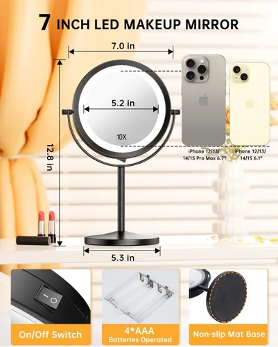 Vista 2 de Gospire Espejo de maquillaje iluminado de 7" con aumento 10X/1X doble cara Negro-7