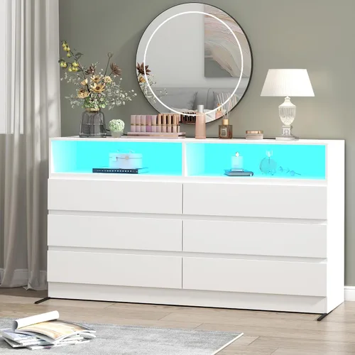 Vista 9 de Loomie Cómoda de 6 cajones para dormitorio, cómoda ancha con estación de carga y luces LED, muebles de dormitorio tradicionales, tocador