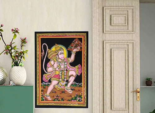 Vista 2 de Purpledip Póster de pared de algodón Hanuman: hoja colgante espiritual sin marco, multicolor (20087)