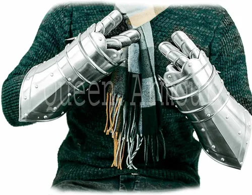 Vista 3 de Guantes medievales alemanes del siglo XV, guantes de guantelete de armadura caballero de acero plateado, guantes medievales, guantes de cuero