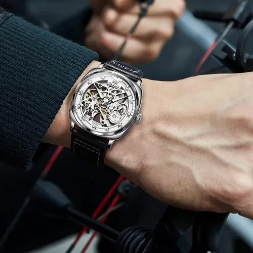 Vista 3 de OLEVS Visit The Store Automatic Men Watch Skeleton Self Winding Mechanical Luxury Stylish Leather Strap Steampunk Style Luminous Water Proof Wrist