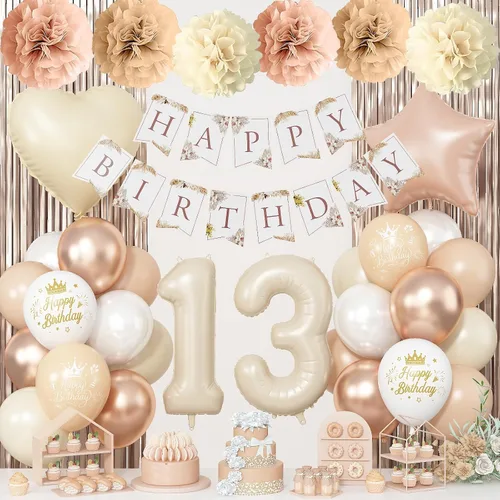 Vista 9 de Decoraciones de cumpleaños número 13 en crema para niñas, globos beige con número 13 en forma de corazón y estrella marrón, globos neutros
