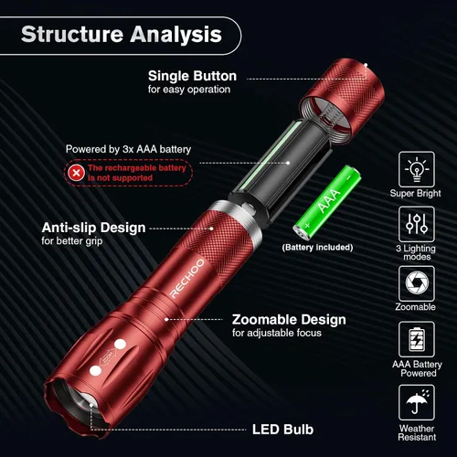 Vista 2 de RECHOO Paquete de 2 linternas LED rojas, linternas tácticas de alto lúmenes con 3 modos, linterna pequeña de bolsillo, linternas impermeables