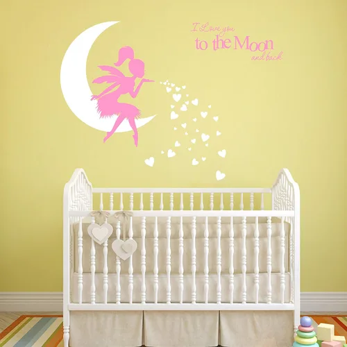 Vista 2 de Calcomanía de pared de hadas, "I Love You to The Moon and Back", calcomanía de pared de hadas para niñas, calcomanías de pared de dormitorio de Rosa