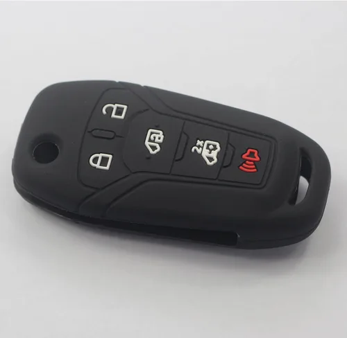 Vista 4 de 2 fundas protectoras de silicona de goma negra con 5 botones para llave de control remoto inteligente sin llave con llavero compatible con Ford 2