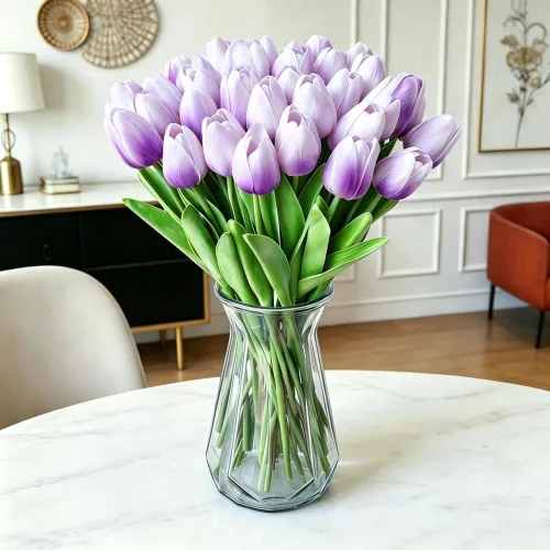 Vista 15 de Tulipanes artificiales de 12 piezas, de tacto real, tulipanes falsos de poliuretano, arreglo floral en ramo para decoración de fiesta en el hogar
