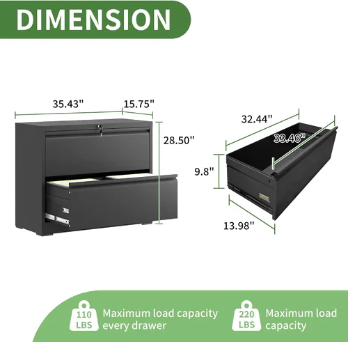 Vista 3 de Archivador de 2 cajones, archivador lateral de metal con cerradura, gabinete organizador de almacenamiento de oficina en casa para archivos de Negro