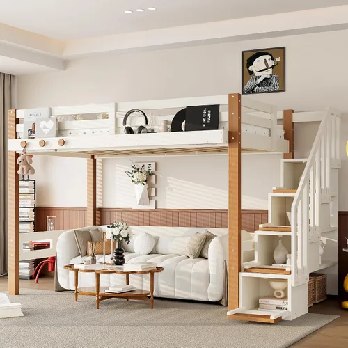 Vista 6 de Cama tipo loft de madera tamaño individual con escaleras, gancho para ropa Beige Natural