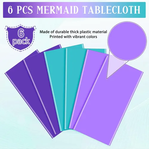 Vista 4 de Paquete de 6 manteles de sirena, manteles de princesa azules y morados, fundas rectangulares de plástico desechables de sirena para cumpleaños