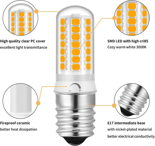 Vista 2 de Bombilla LED regulable E17 para microondas, 110-130 V, repuesto de 4 W, equivalente a halógeno de 40 vatios, blanco cálido suave de 3000 K, apto E17