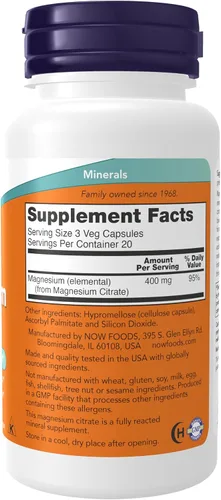Vista 2 de Now Supplements, citrato de magnesio, función enzimática*, soporte del sistema nervioso*, 60 cápsulas vegetales