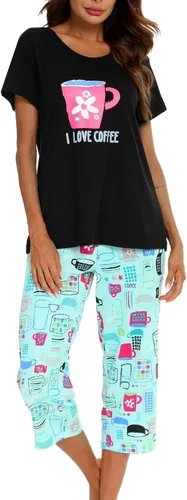 Vista 30 de ENJOYNIGHT Conjuntos de pijama de algodón para mujer, pijamas de verano con pantalones capri, ropa de dormir Gato negro