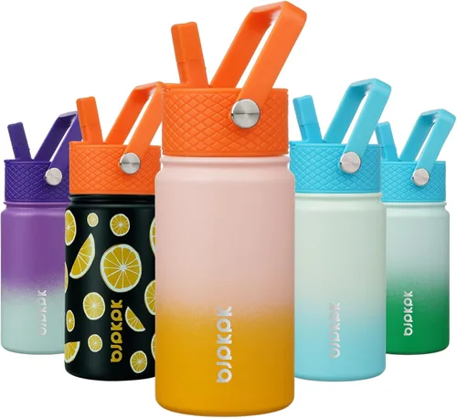 Vista 57 de BJPKPK Botella de agua con tapa con pajilla, botella de agua aislada de 15 onzas, botellas de agua de metal de acero inoxidable, termo reutilizable