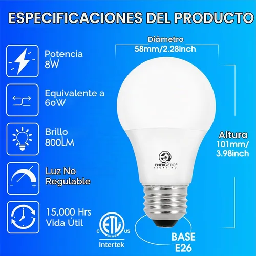 Vista 2 de Bombillas Energetic Light Equivalentes a 60 Vatios, Bombillas LED de Luz Diurna A19, 15000 Horas Base E26, Bombilla de 8W 800LM 5000K, Certificado