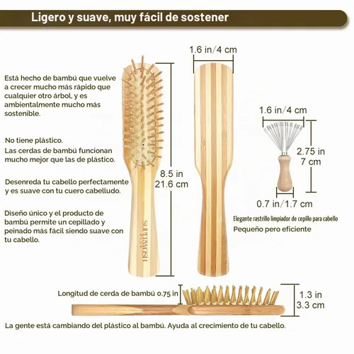 Vista 8 de Juego de cepillos de cabello para mujeres y hombres, cerdas de bambú natural, cepillo de paleta plana para cabello húmedo y seco, desenredante