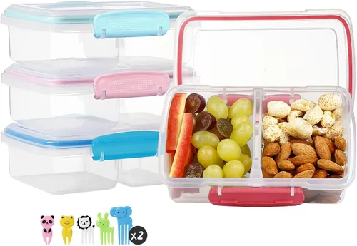 Vista 9 de Paquete de 4 recipientes de plástico para aperitivos con tapas, contenedor de alimentos de 2 compartimentos para caja de aperitivos para niños