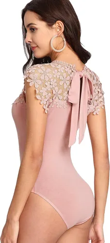 Vista 2 de DIDK Body de encaje floral transparente con lazo en la espalda para mujer