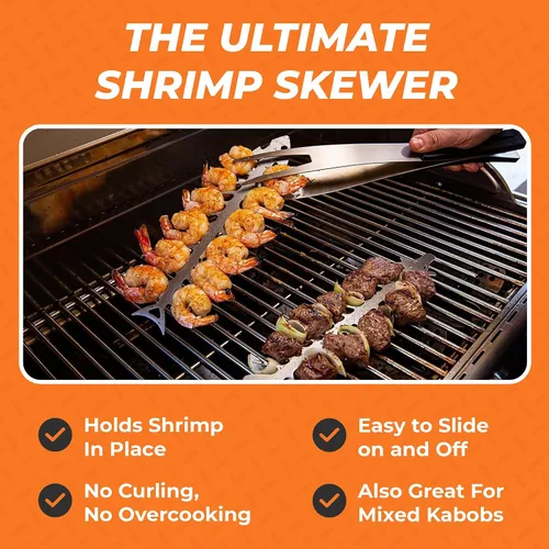 Vista 3 de Proud Grill Slide & Serve BBQ - Juego de 2 brochetas reutilizables de acero inoxidable Ideal para asar shish Kabobs Uso para carne de res