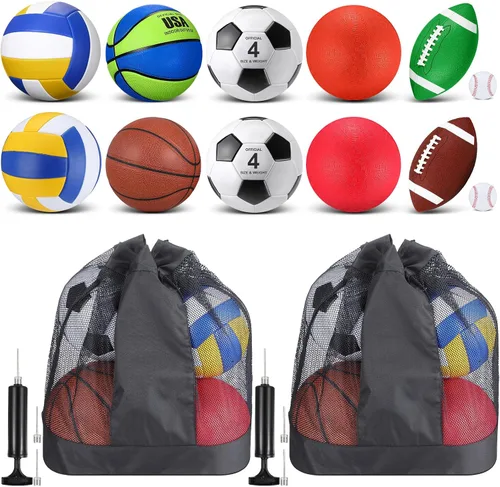 Vista 5 de Deekin 12 Pcs Assorted Sport Ball Set for Kids Official Size Basketball Football Volleyball Soccer Baseball Playground Ball with Bag and Pump for