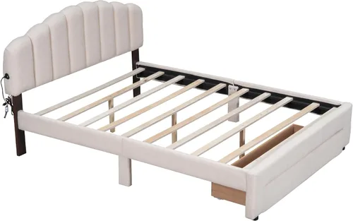 Vista 5 de Cama de plataforma tapizada tamaño Queen con un cajón de almacenamiento, base de cama LED inteligente multifuncional con cabecera de forro polar