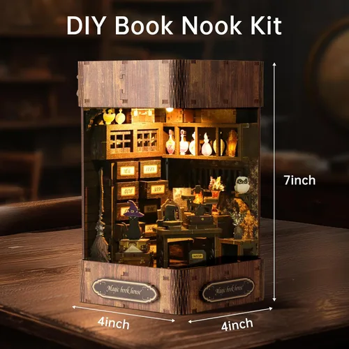 Vista 3 de Kit de rincón de libros de bricolaje – Estantería de casa de muñecas en miniatura, rompecabezas de estantería de madera 3D, rompecabezas creativo