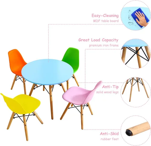 Vista 5 de Costzon Juego de mesa y silla para niños, 5 piezas de escritorio para niños de estilo moderno de mediados de siglo con patas de madera, marco