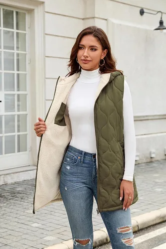 Vista 3 de ECOWISH Chaleco largo acolchado para mujer: chaqueta de forro polar reversible con cremallera para otoño 2025, abrigo de invierno cálido sin mangas