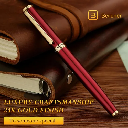 Vista 3 de BEILUNER - Pluma estilográfica color borgoña, detalles de oro de 24 rojo y dorado