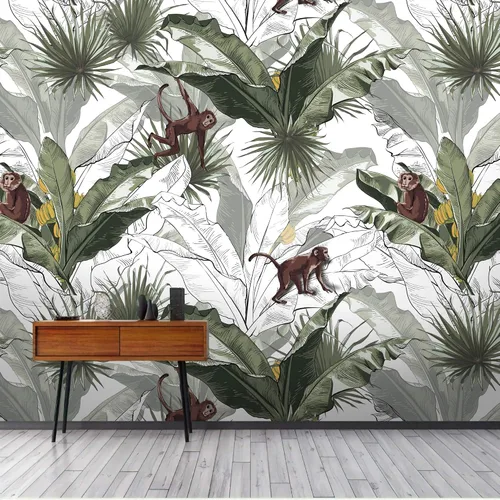 Vista 3 de Murwall Papel tapiz de hoja de plátano para cuarto de bebé, diseño de mono, decoración botánica para el hogar, café, sala de estar, dormitorio