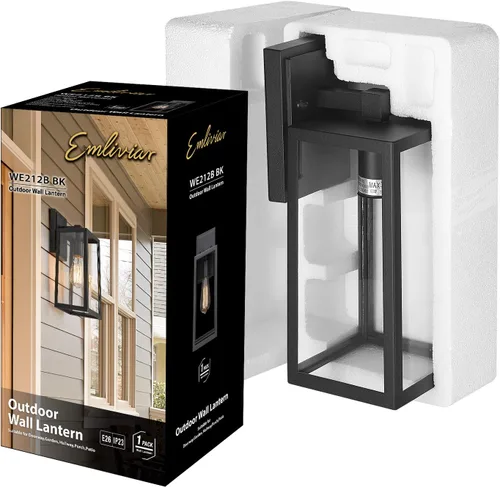 Vista 7 de Emliviar WE212B BK - Farol de pared para exteriores, 13.8 pulgadas, 1 luz exterior para porche en acabado negro con vidrio transparente, WE212B BK
