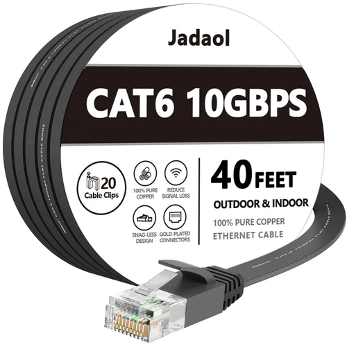 Vista 21 de Cable Ethernet Cat 6 de 1 pie (paquete de 6), para exteriores e interiores, compatible con red Cat7 de 10 Gbps, cable de conexión LAN plano de Negro