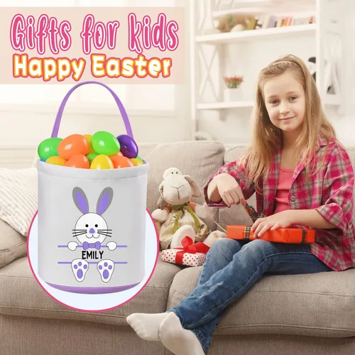 Vista 4 de Touber Cestas de Pascua para niños y niñas, cesta de Pascua personalizada, regalos de canasta de Pascua para niños, canastas de caza de huevos