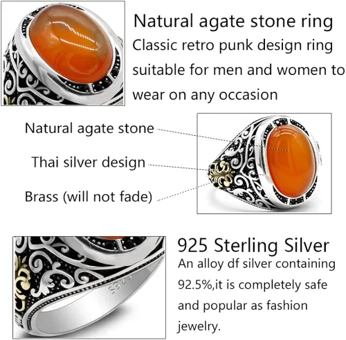 Vista 4 de Orange Agate Stone 925 Sterling Silver Men's Ring Arab Design Men's Ring Gift For Others