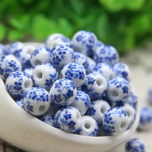 Vista 2 de 100 cuentas de porcelana de 0.315 pulgadas (0.315 in), cuentas de cerámica redondas chinas, cuentas de porcelana azul y blanca con agujero de 0.098