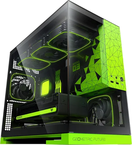 Vista 14 de Geometric Future M5 de vidrio templado semitorre, chasis de juego E-ATX/ATX, acero de 1.2mm, Tipo C, paneles sin herramientas, soporte para radiador