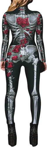 Vista 2 de Selowin - Overol para disfraz de Halloween con estampado de esqueleto, traje de gato