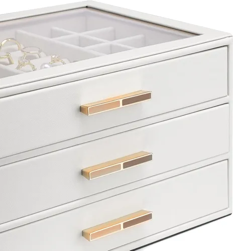 Vista 8 de Vlando - Joyero con 3 cajones y tapa de vidrio, organizador de cuero sintético para anillos, aretes, collares y más, estuche de joyería listo