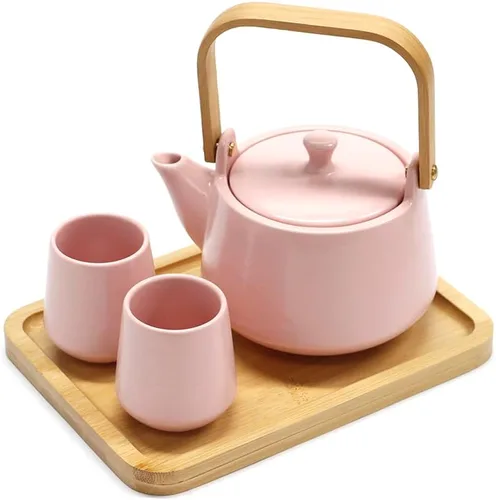 Vista 2 de Urban Tokyo Juego de té de cerámica con bandeja de bambú, tetera de 20 onzas líquidas con 2 tazas, esmalte mate satinado, servicio de té de Rosa