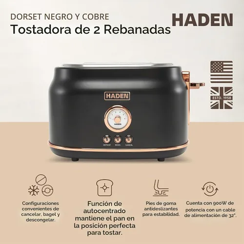 Vista 2 de Haden Dorset - Tostadora de acero inoxidable de 2 rebanadas de ranura ancha con control de tostado ajustable y pies antideslizantes, color negro