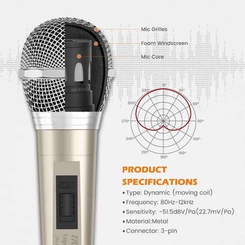 Vista 2 de talomen Micrófono con cable para cantar, hembra de metal, interruptor de encendido/apagado, micrófono dinámico vocal profesional con cable de audio