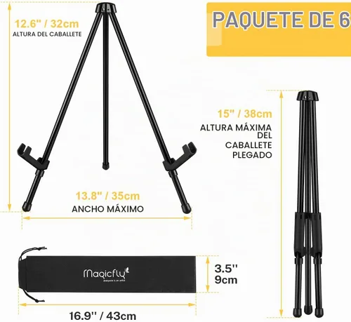 Vista 3 de Magicfly Paquete de 6 caballetes de mesa, caballetes de mesa de acero negro para exhibición, caballete de trípode ajustable y portátil con 6 bolsas