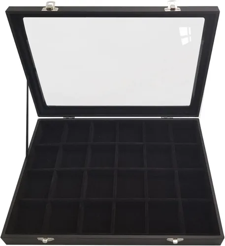 Vista 2 de Joyero de 24 rejillas extraíbles para aretes y anillos, caja organizadora con tapa transparente para mujeres y esposas (negro)